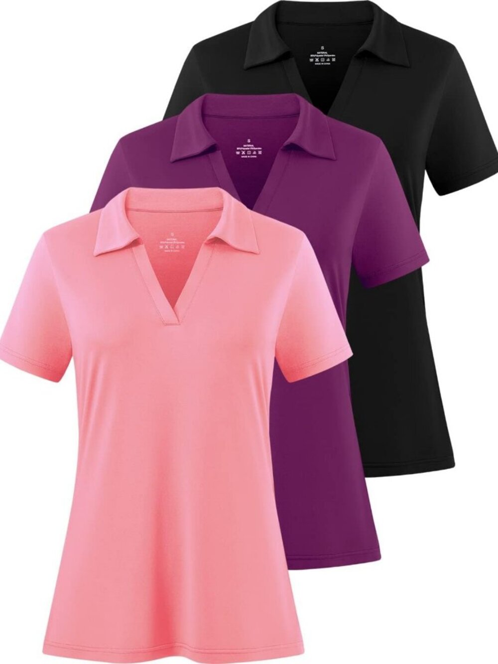 V-Neck Short Sleeve Polo Shirts for Women - 3 Pack Golf & Work Collared Tops